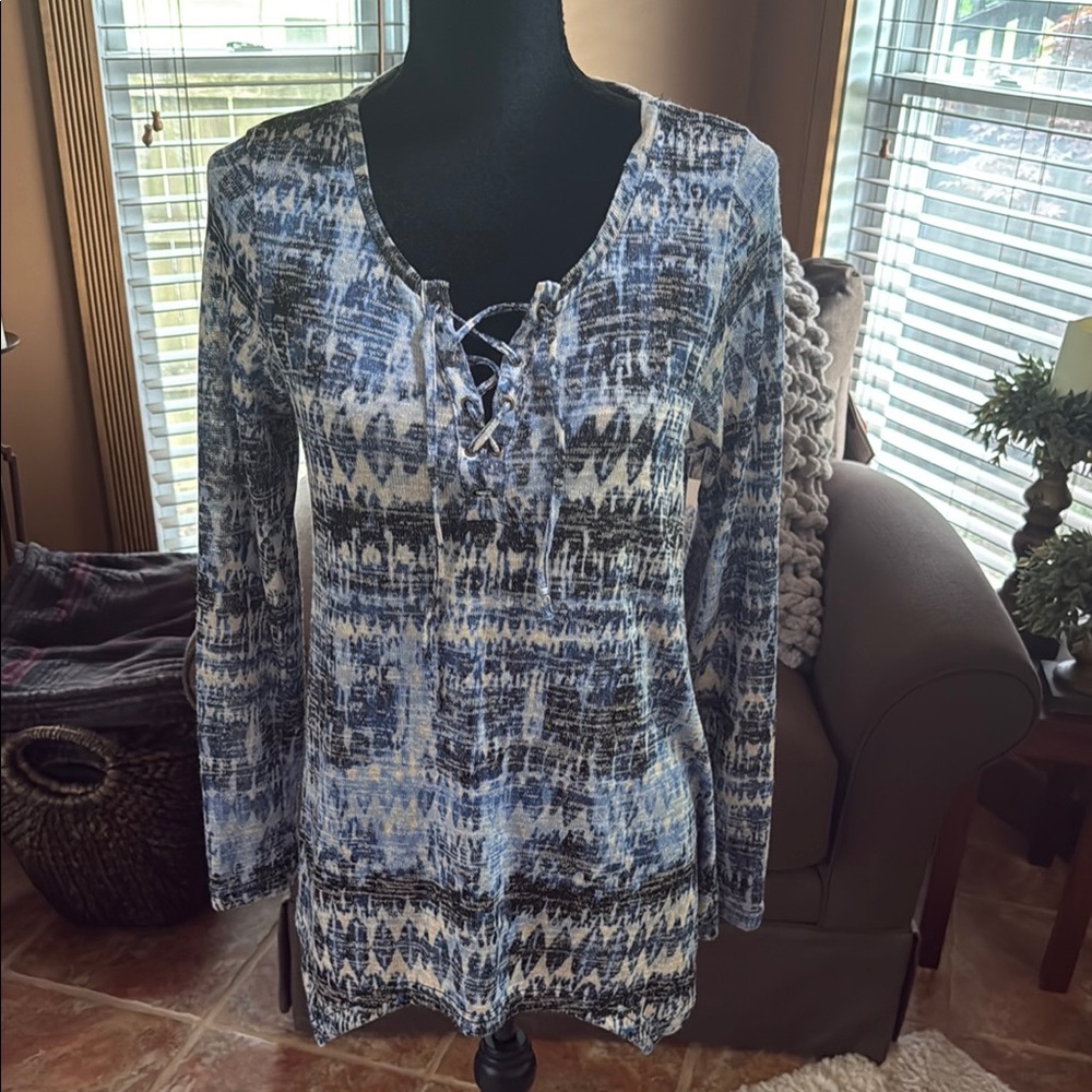 French Laundry Blue Patterned Lace-Up Top - Picture 1 of 4